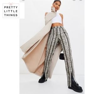Prettylittlethings Grey Snake Faux Leather Split Hem Straight Leg Pants